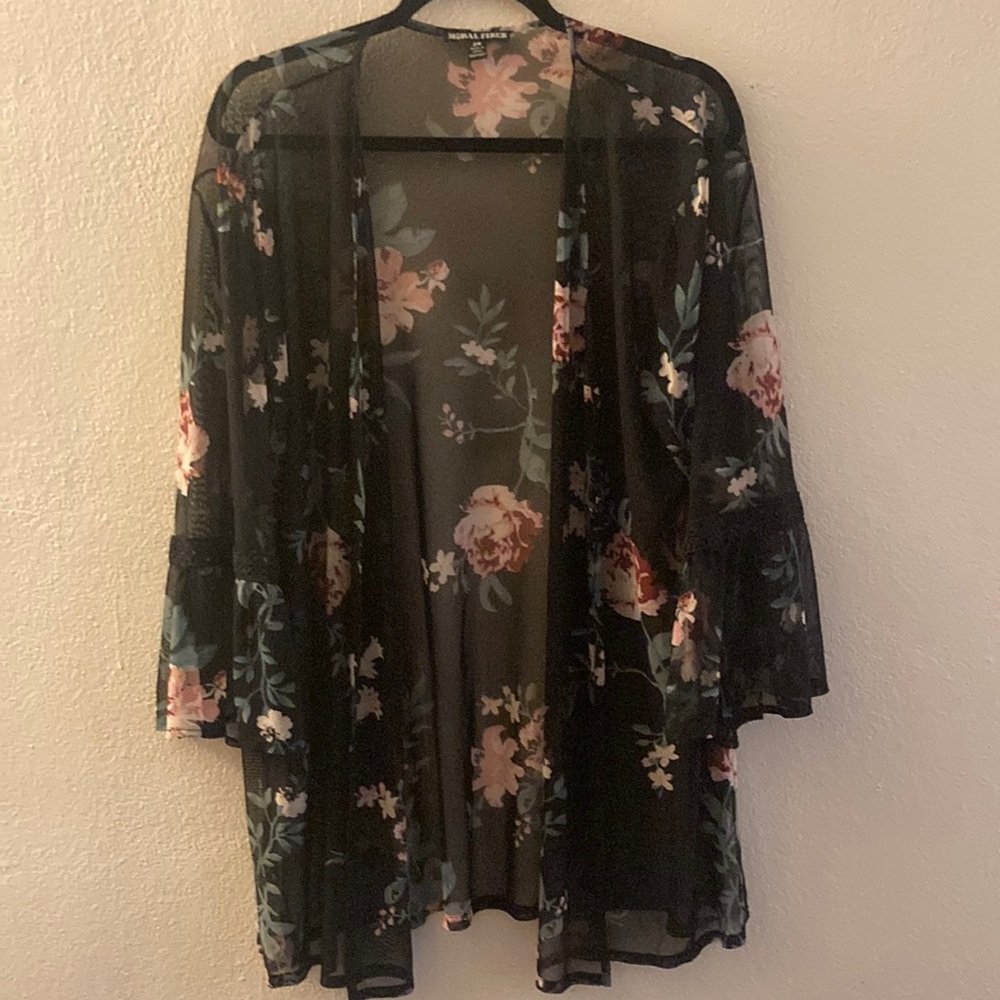 Black sheer rose print cardigan